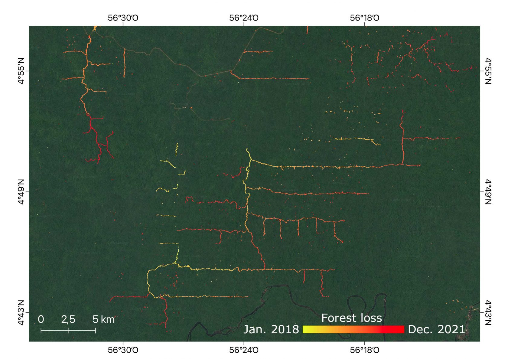 Zooming in on Suriname's deforestation on a very fine scale from 2018 to 2021. © GlobEO