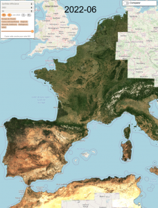 Synthèses mensuelles issues de Theia pour les mois de Juin de 2018 à 2022. En 2018 et 2019, nous ne traitions que la France. Sur tout le territoire produit ou presque, la végétation prend une teinte plus brune ou plus jaune. Vous pouvez cliquer sur les animations pour les voir à meilleure résolution.